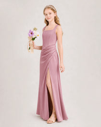 Dusty Rose Junior Bridesmaid Dress Square Neck Draped Slit Satin Floor-Length Gown Side View