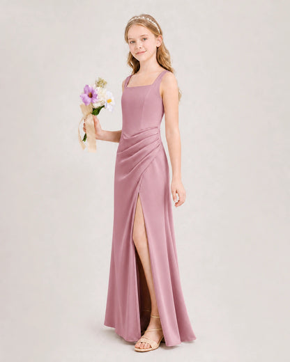 Dusty Rose Junior Bridesmaid Dress Square Neck Draped Slit Satin Floor-Length Gown Side View