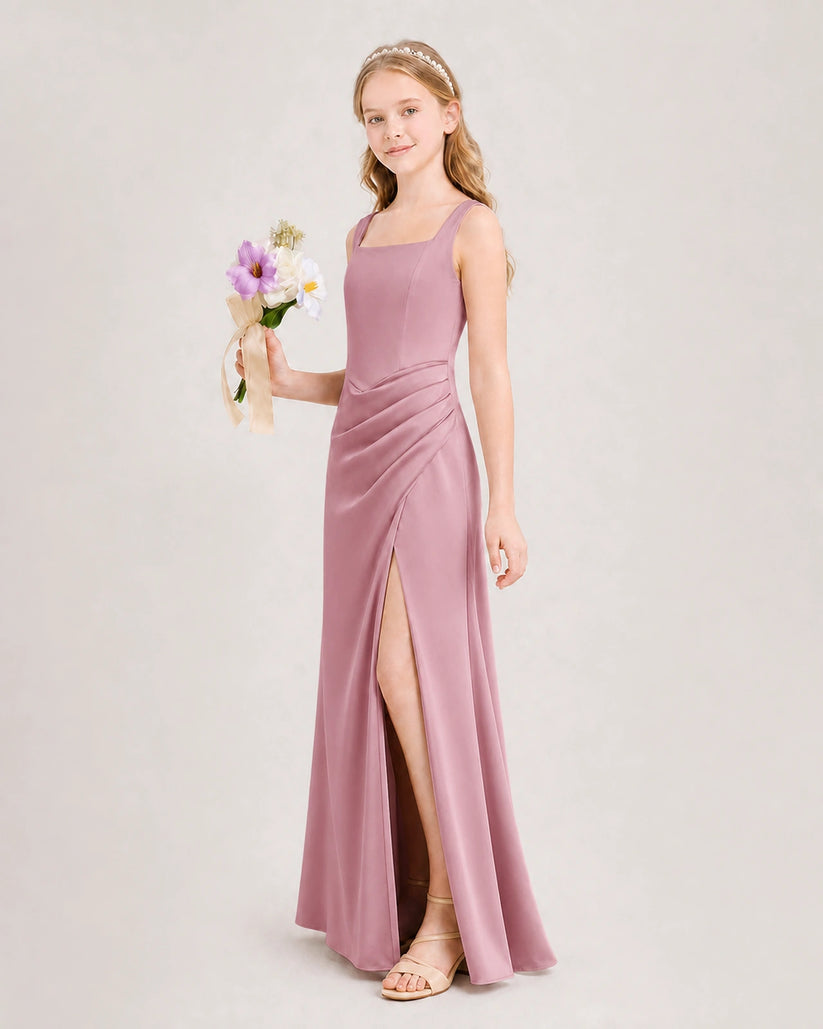 Dusty Rose Satin Sheath Junior Bridesmaid Dress Front View