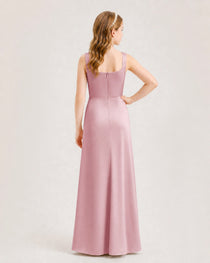 Dusty Rose Junior Bridesmaid Dress Square Neck Draped Slit Satin Floor-Length Gown Back View