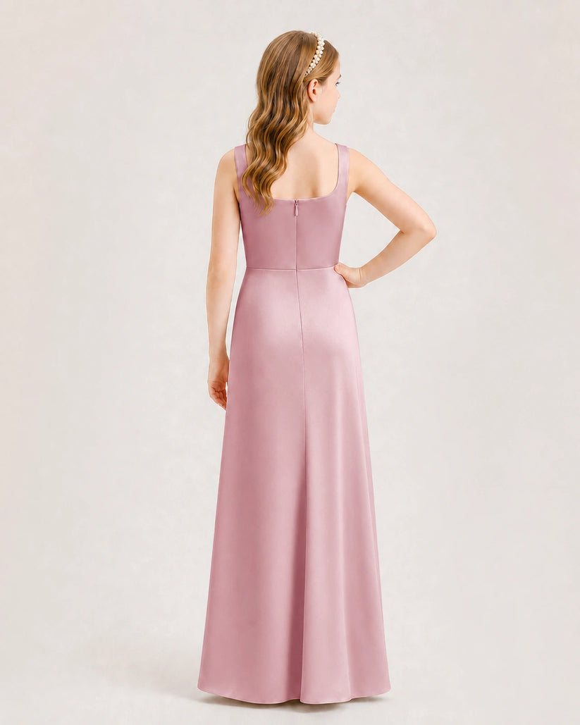 Dusty Rose Satin A-line Junior Bridesmaid Dress Back View