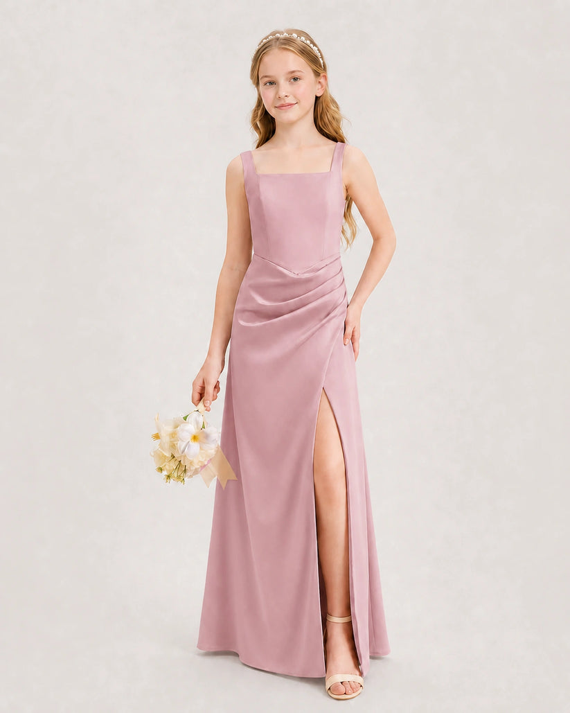 Dusty Rose Satin A-line Junior Bridesmaid Dress Front View