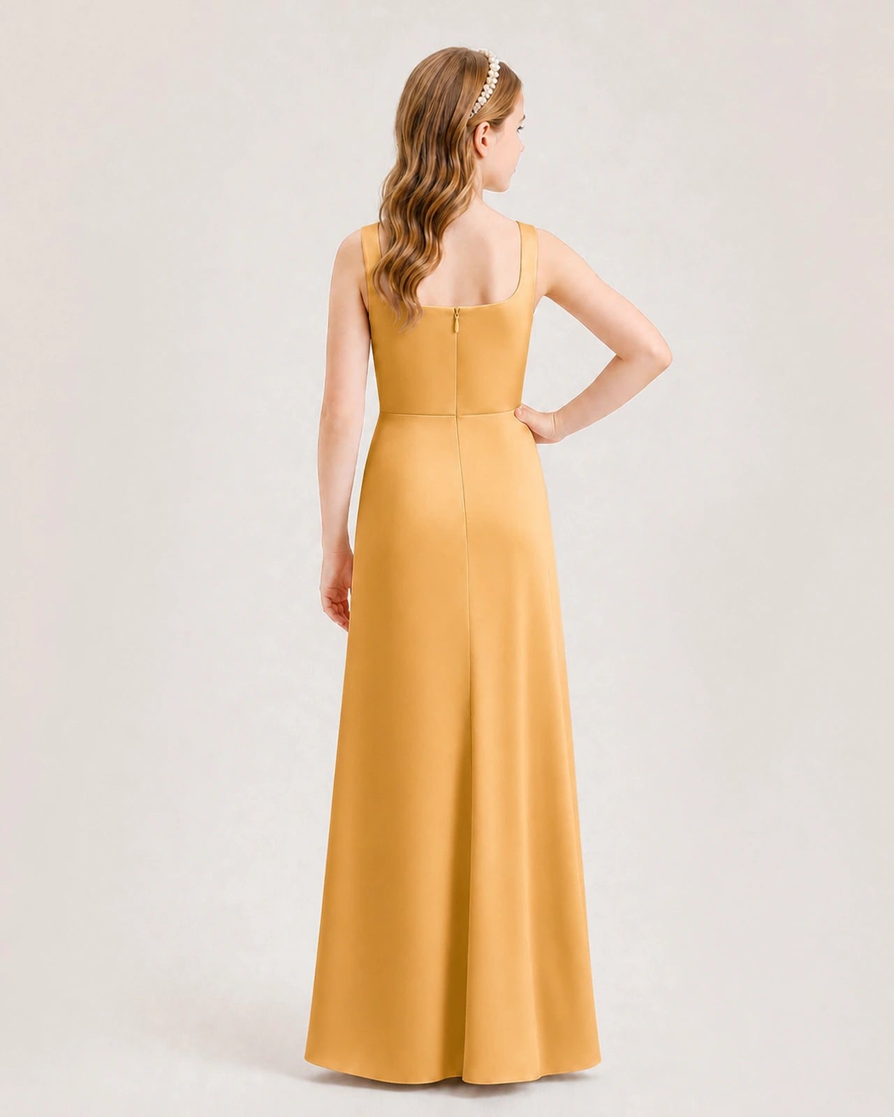 Gold Junior Bridesmaid Dress Square Neck Draped Slit Satin Floor-Length Gown Back View
