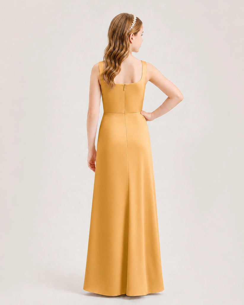Gold Satin A-line Junior Bridesmaid Dress Back View
