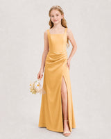 Gold Satin A-line Junior Bridesmaid Dress Front View