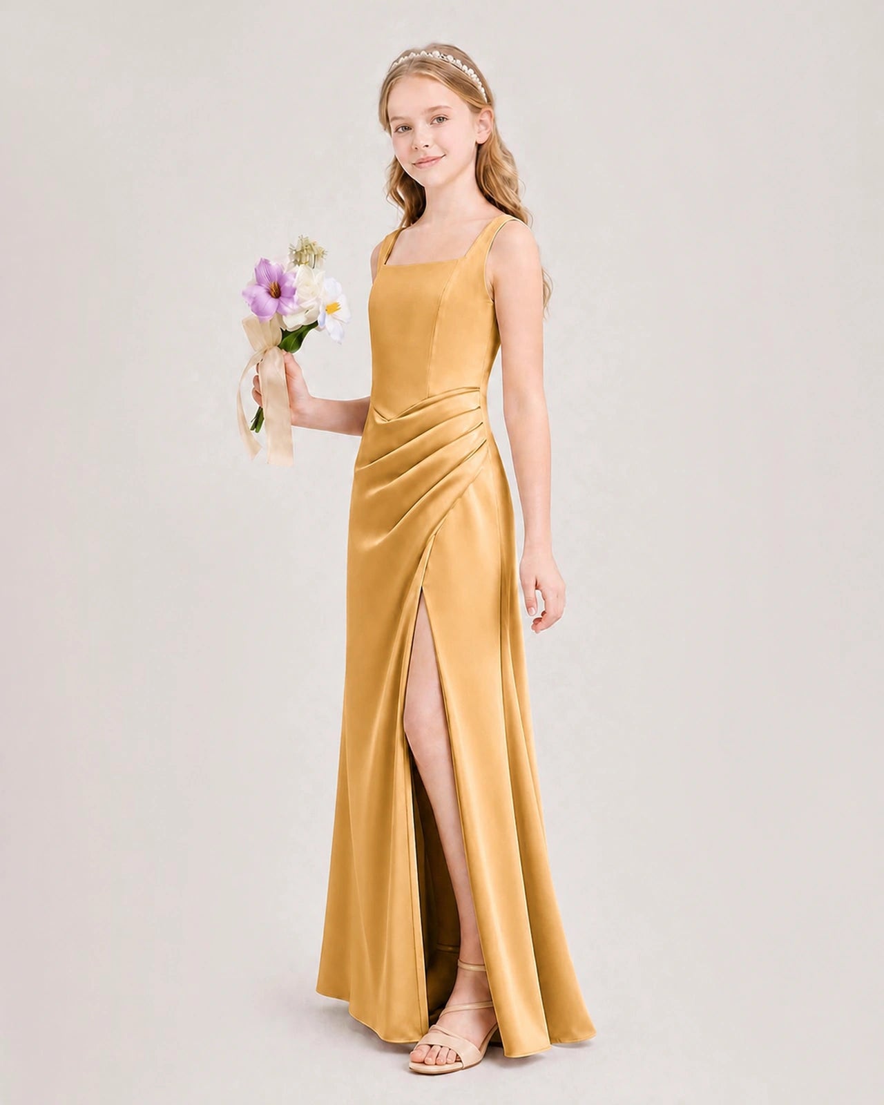 Gold Junior Bridesmaid Dress Square Neck Draped Slit Satin Floor-Length Gown Side View