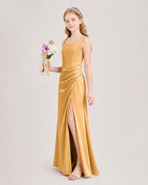 Gold Junior Bridesmaid Dress Square Neck Draped Slit Satin Floor-Length Gown Side View