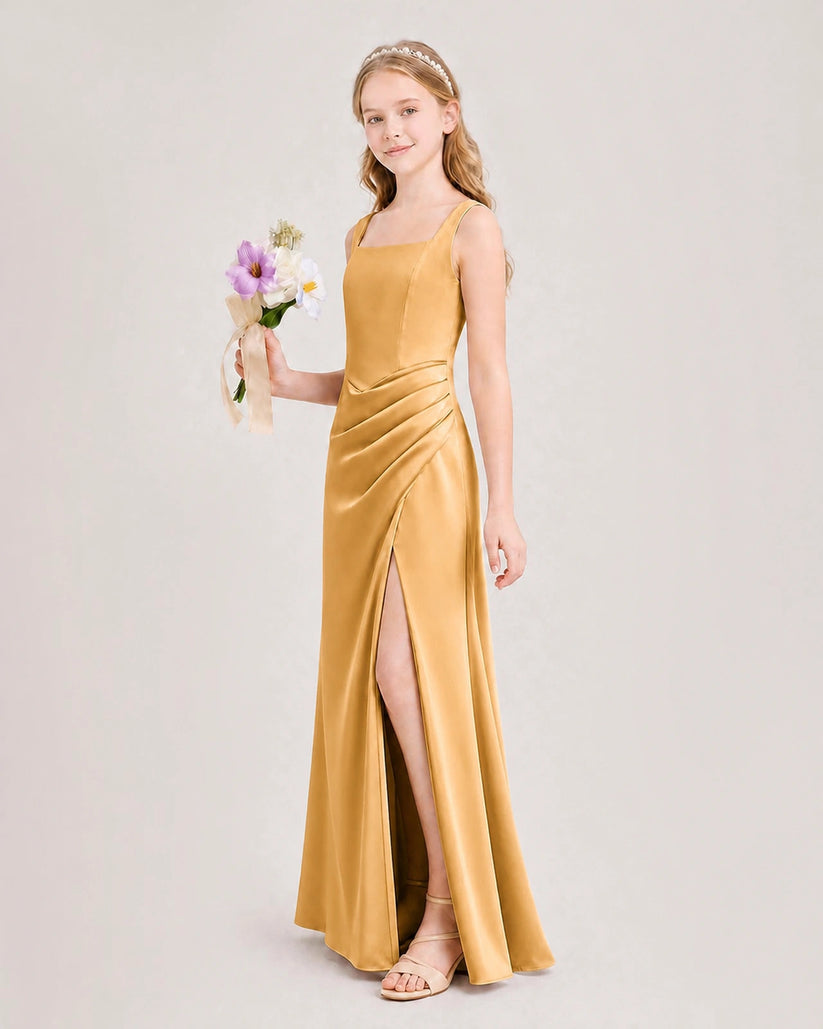 Gold Satin Sheath Junior Bridesmaid Dress Front View