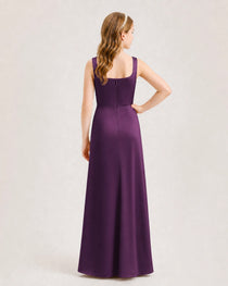 Grape Junior Bridesmaid Dress Square Neck Draped Slit Satin Floor-Length Gown Back View