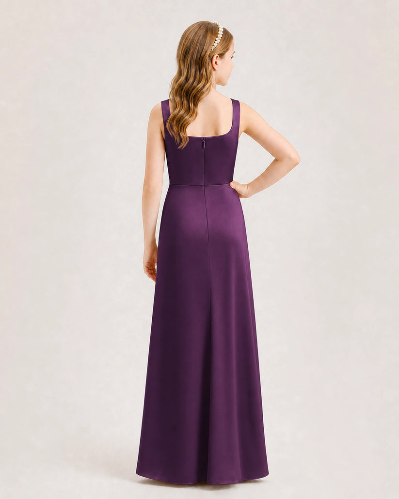 Grape Satin A-line Junior Bridesmaid Dress Back View