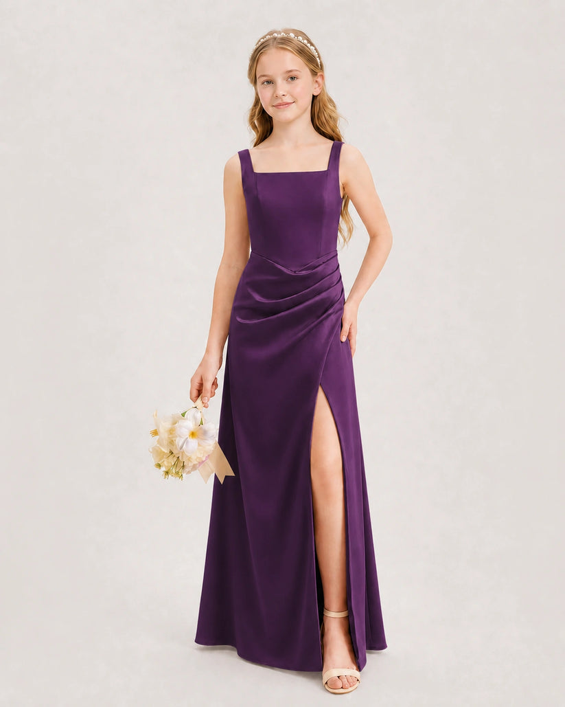 Grape Satin A-line Junior Bridesmaid Dress Front View