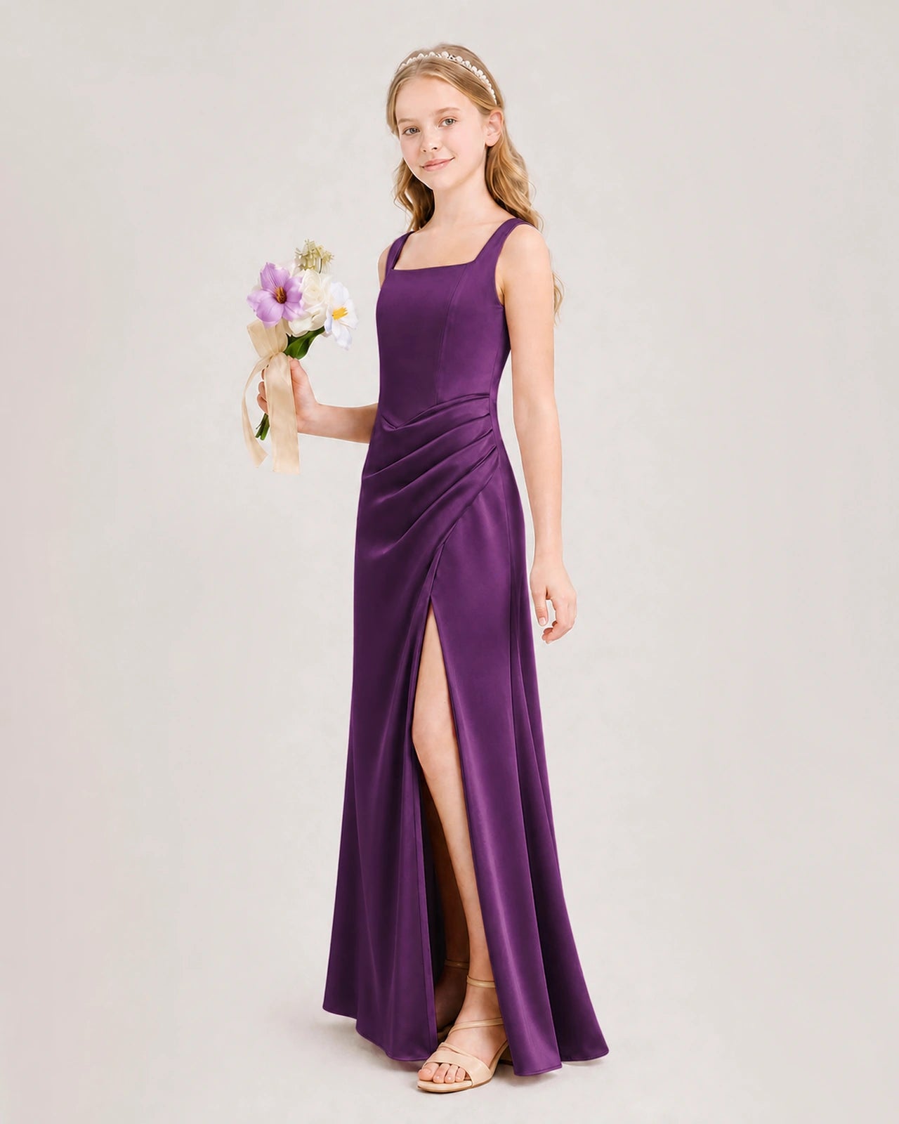 Grape Junior Bridesmaid Dress Square Neck Draped Slit Satin Floor-Length Gown Side View