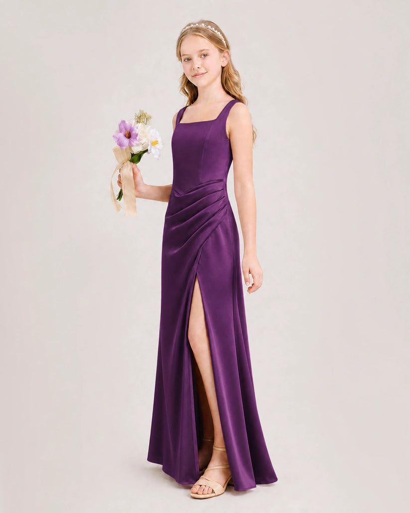 Grape Satin A-line Junior Bridesmaid Dress Front View