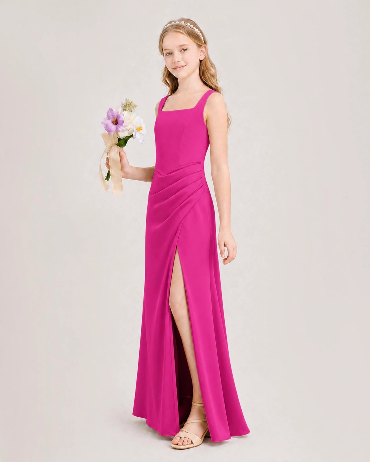 Hot Pink Junior Bridesmaid Dress Square Neck Draped Slit Satin Floor-Length Gown Side View