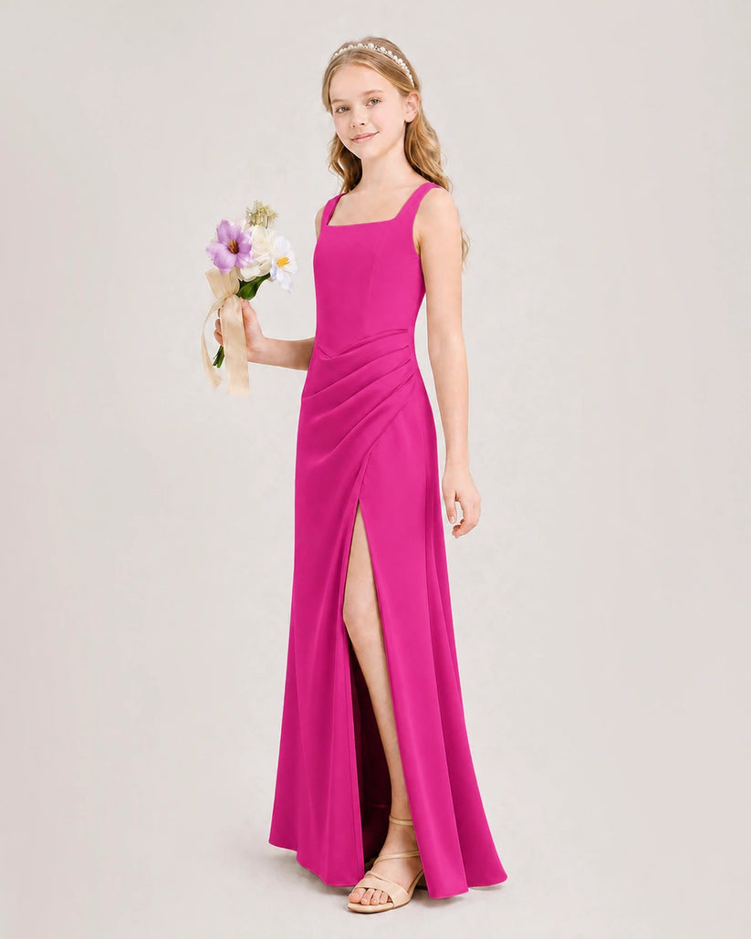 Hot Pink Satin A-line Junior Bridesmaid Dress Front View
