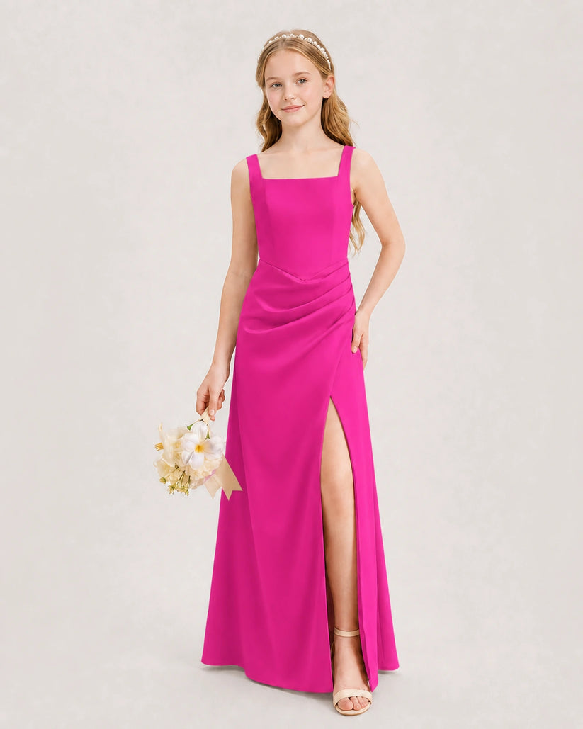 Hot Pink Satin A-line Junior Bridesmaid Dress Front View