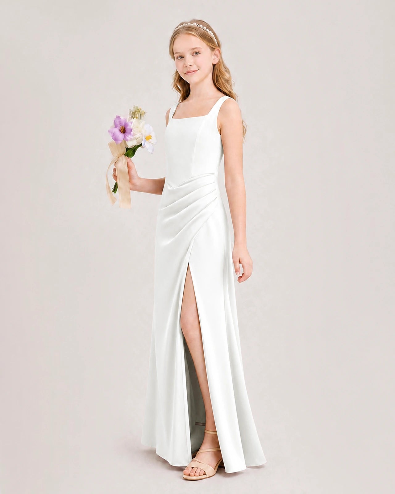 Ivory Junior Bridesmaid Dress Square Neck Draped Slit Satin Floor-Length Gown Side View