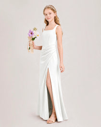 Ivory Junior Bridesmaid Dress Square Neck Draped Slit Satin Floor-Length Gown Side View