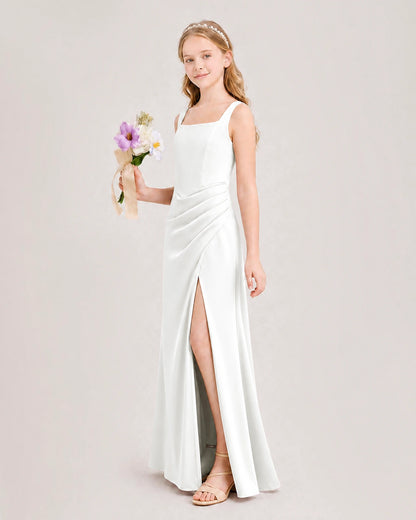 Ivory Junior Bridesmaid Dress Square Neck Draped Slit Satin Floor-Length Gown Side View