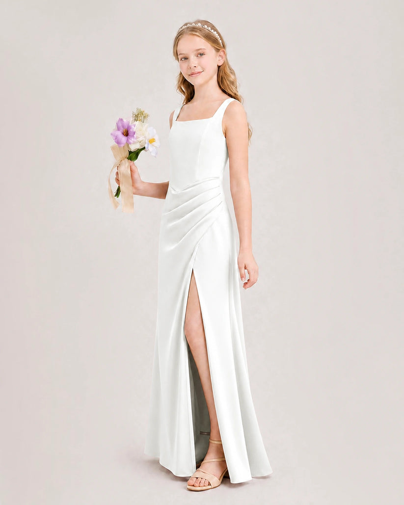 Ivory Satin A-line Junior Bridesmaid Dress Front View