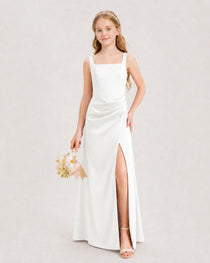 Ivory Junior Bridesmaid Dress Square Neck Draped Slit Satin Floor-Length Gown Front View