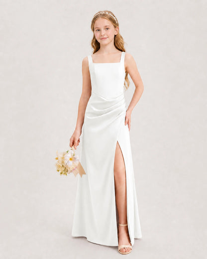 Ivory Junior Bridesmaid Dress Square Neck Draped Slit Satin Floor-Length Gown Front View