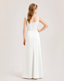 Ivory Junior Bridesmaid Dress Square Neck Draped Slit Satin Floor-Length Gown Back View