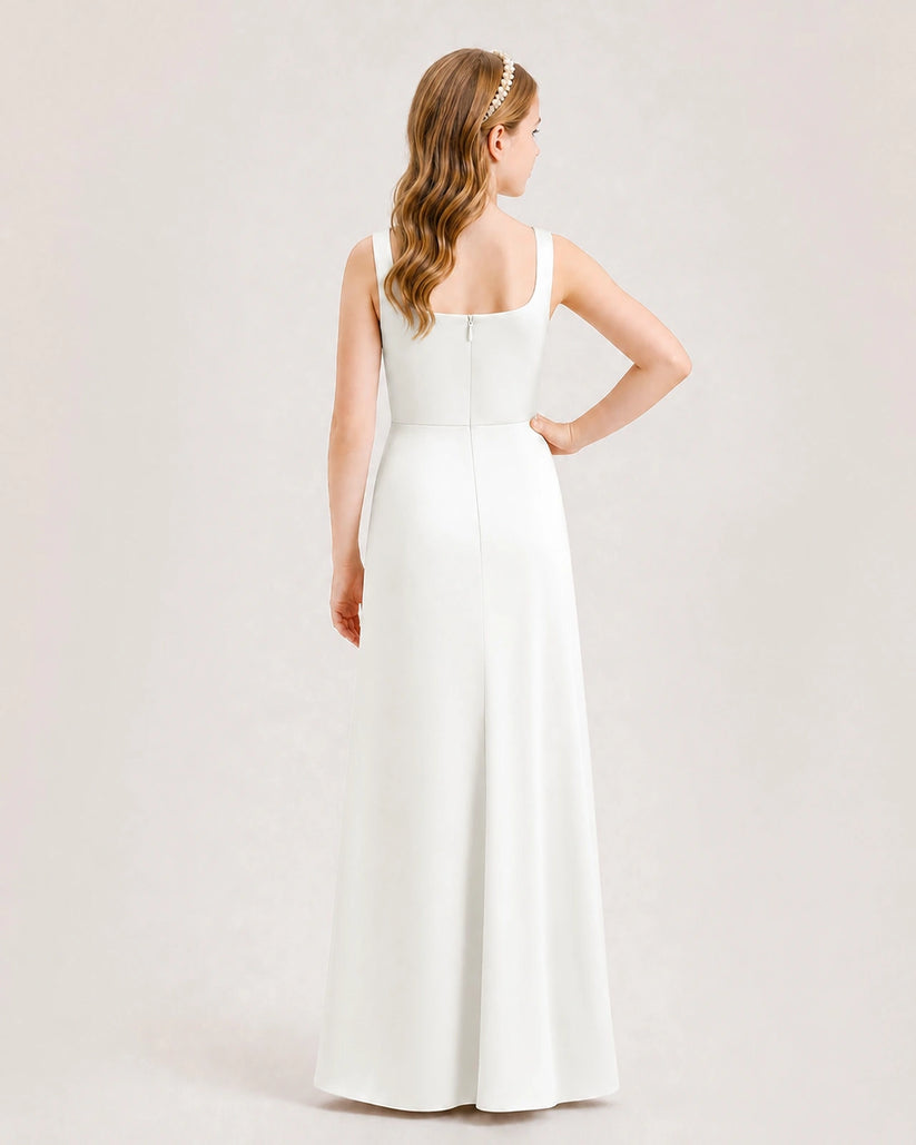 Ivory Satin A-line Junior Bridesmaid Dress Back View