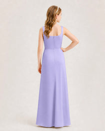 Lavender Junior Bridesmaid Dress Square Neck Draped Slit Satin Floor-Length Gown Back View