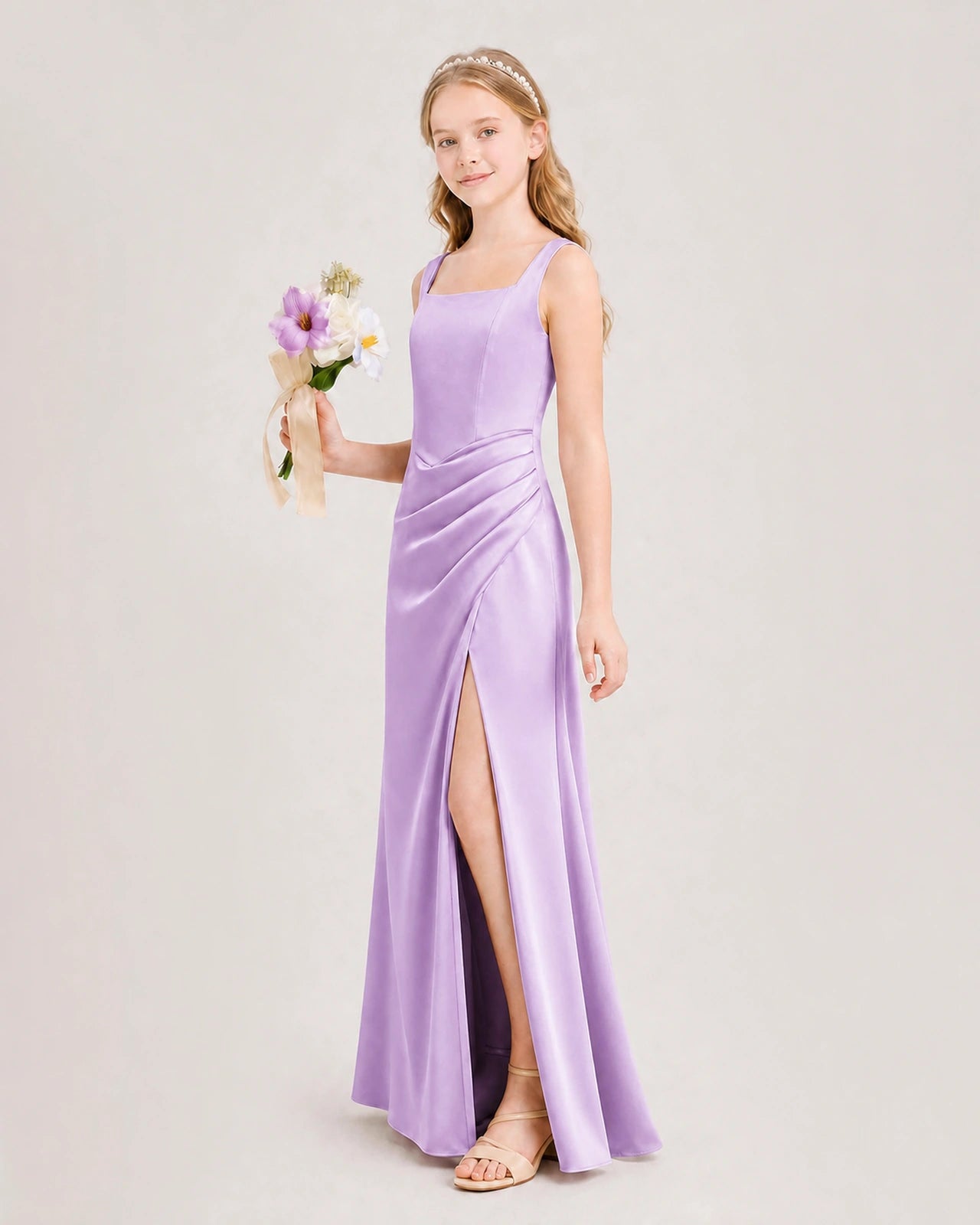 Lilac Junior Bridesmaid Dress Square Neck Draped Slit Satin Floor-Length Gown Side View