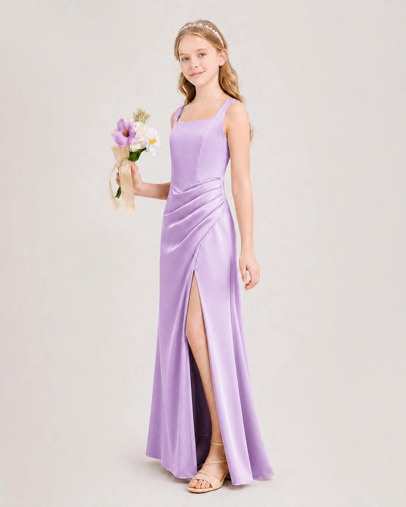 Lilac Satin A-line Junior Bridesmaid Dress Front View
