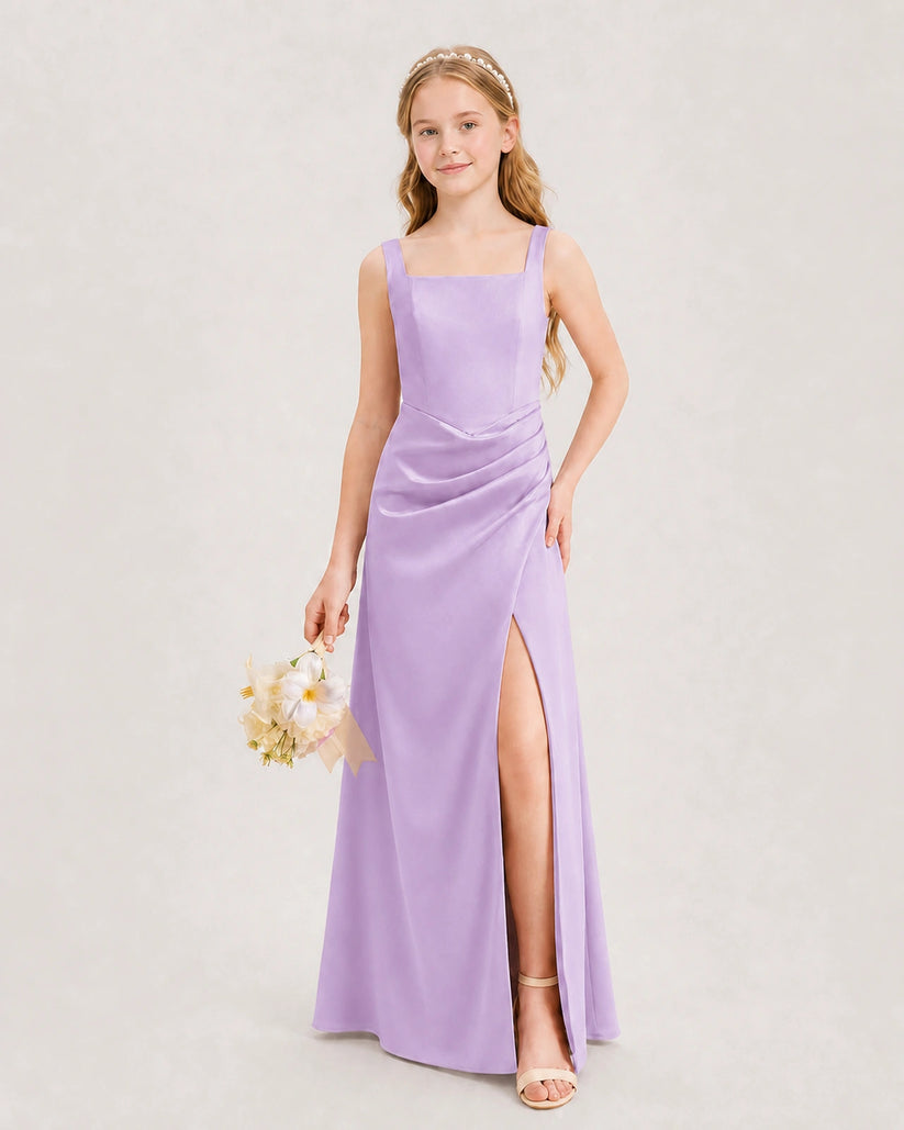 Lilac Satin A-line Junior Bridesmaid Dress Front View
