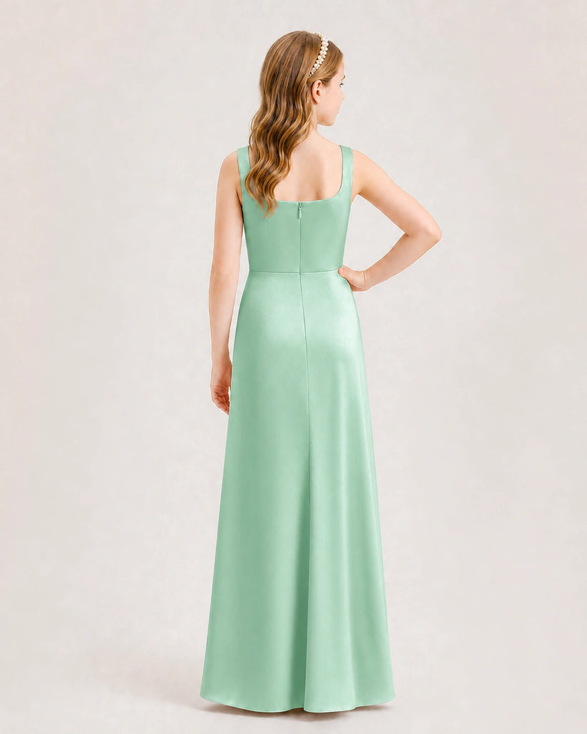 Mint Green Satin A-line Junior Bridesmaid Dress Back View
