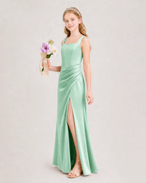 Mint Green Junior Bridesmaid Dress Square Neck Draped Slit Satin Floor-Length Gown Side View