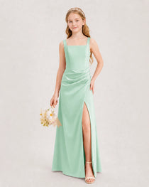 Mint Green Junior Bridesmaid Dress Square Neck Draped Slit Satin Floor-Length Gown Front View