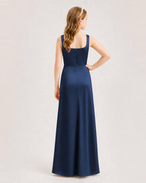 Navy Blue Junior Bridesmaid Dress Square Neck Draped Slit Satin Floor-Length Gown Back View