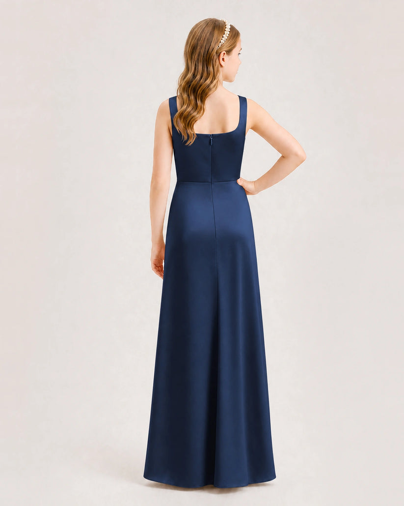 Navy Blue Satin A-line Junior Bridesmaid Dress Back View
