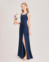 Navy Blue Satin A-line Junior Bridesmaid Dress Front View