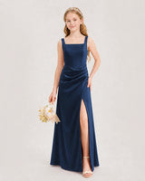 Navy Blue Satin A-line Junior Bridesmaid Dress Front View