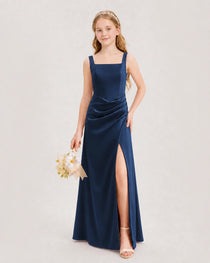 Navy Blue Junior Bridesmaid Dress Square Neck Draped Slit Satin Floor-Length Gown Front View