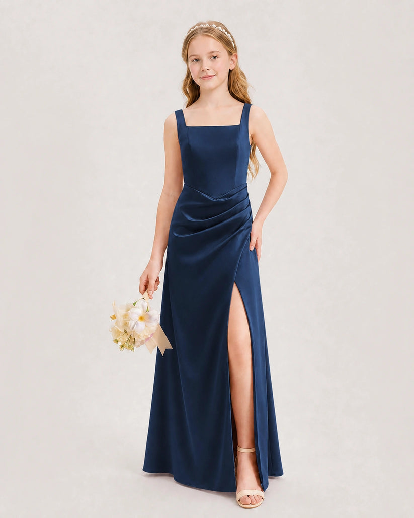 Navy Blue Satin A-line Junior Bridesmaid Dress Front View