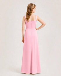 Pink Junior Bridesmaid Dress Square Neck Draped Slit Satin Floor-Length Gown Back View