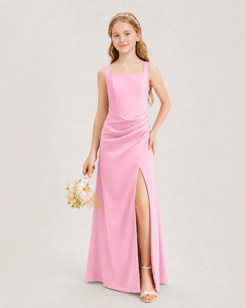 Pink Satin A-line Junior Bridesmaid Dress Front View