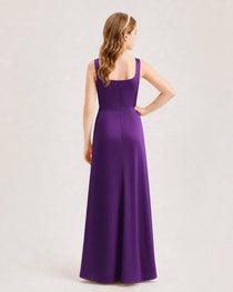 Purple Junior Bridesmaid Dress Square Neck Draped Slit Satin Floor-Length Gown Back View
