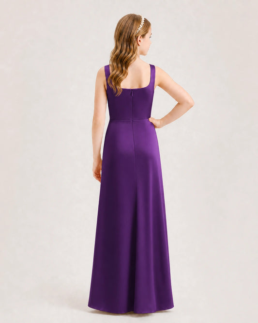 Purple Satin A-line Junior Bridesmaid Dress Back View
