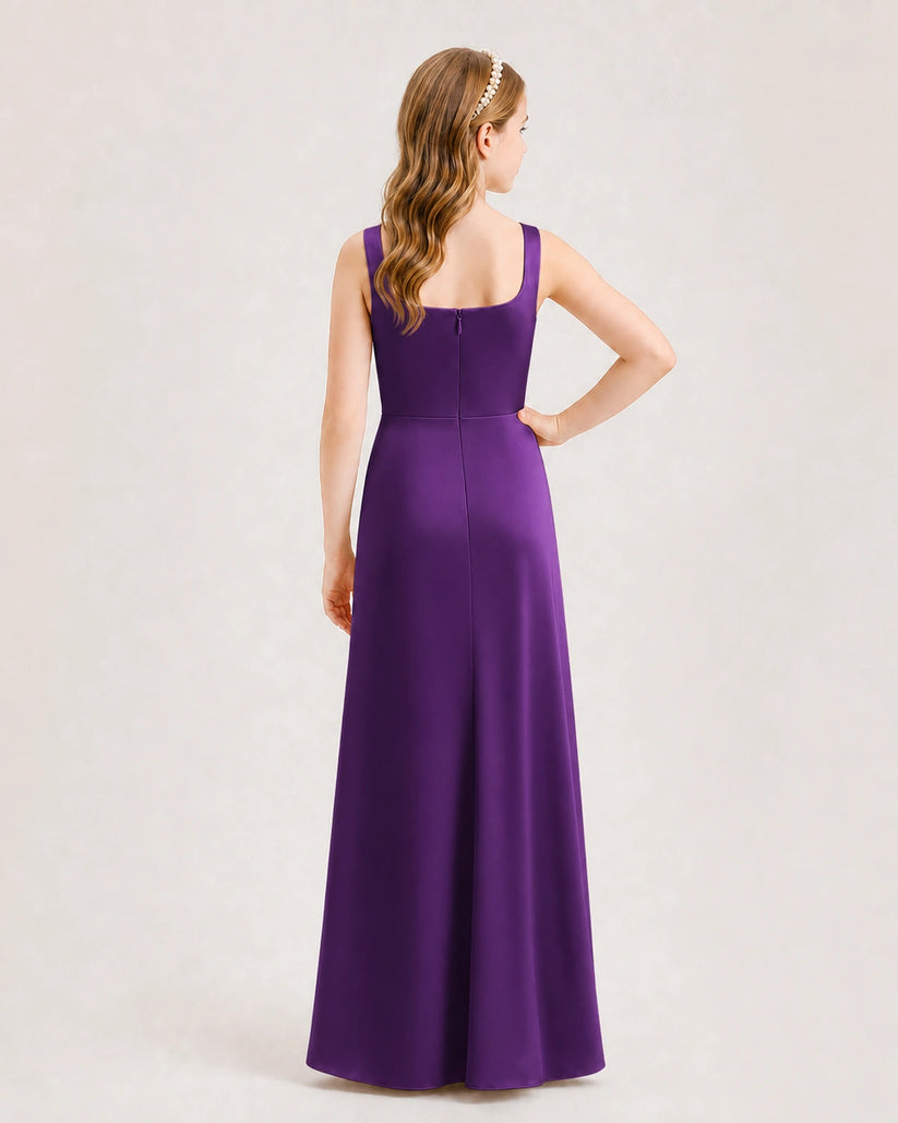 Purple Satin A-line Junior Bridesmaid Dress Back View