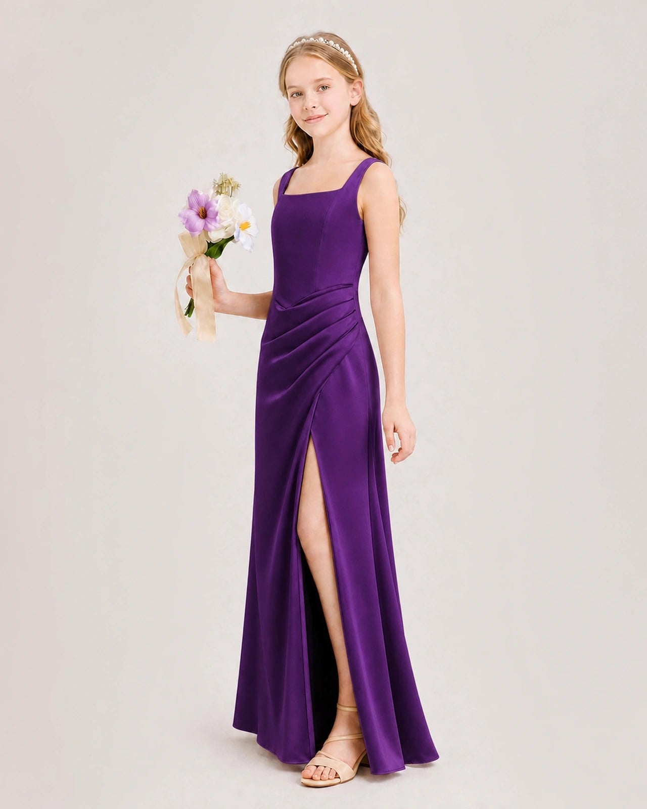 Purple Junior Bridesmaid Dress Square Neck Draped Slit Satin Floor-Length Gown Side View