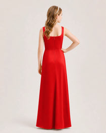 Red Junior Bridesmaid Dress Square Neck Draped Slit Satin Floor-Length Gown Back View