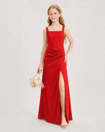 Red Junior Bridesmaid Dress Square Neck Draped Slit Satin Floor-Length Gown Front View