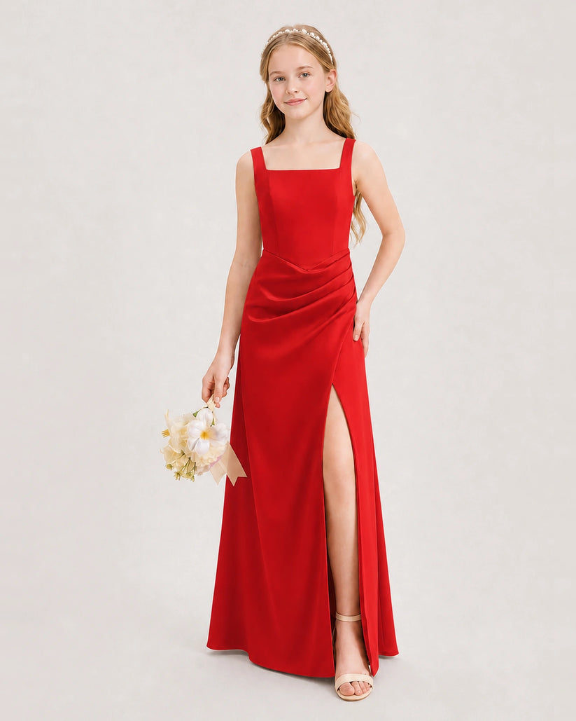 Red Satin A-line Junior Bridesmaid Dress Front View